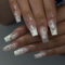 Ceboic 24 Pièces Français Faux Ongles Long Carrés Press on Nails Blanc Pentagramme Ballerine Couverture Complète Ongles à Coller Acrylique Ongle Artificiels pour Femmes et Filles Nail Art