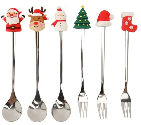 6pcs Fork Spoon Set, Stainless Steel Dessert Stirring Sticks, Christmas Coffee Spoons Forks Set, Christmas Cutlery for Bar Cafe Kitchen Table Decoration