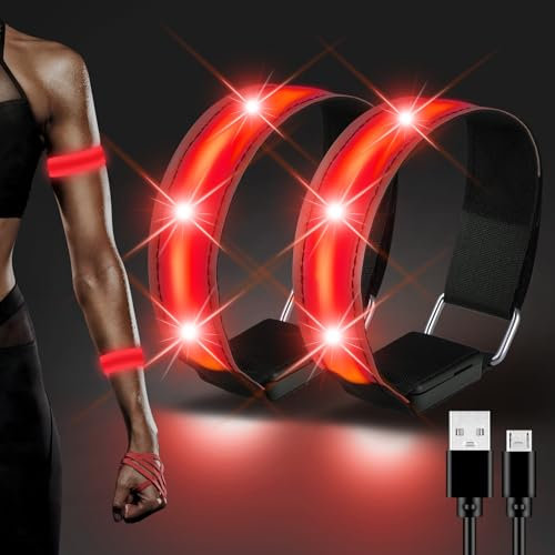 JIZZU LED Reflective Rechargeable, Pack of 2 LED Safety Bracelets, USB Reflective Band, LED Light Bracelet, Light Strip Children for Night Running, Cycling, Jogging, Dog Hiking, Outdoor Sports-Rot