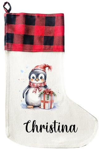 LIEBTASTISCH - Personalisierte Weihnachtssocken mit Tieren - 40cm x 30cm - Weihnachtsstrumpf zum Nikolaus oder Weihnachten - Namen - Geschenkbeutel - Nikolausstiefel zum Aufhängen (Pinguin)