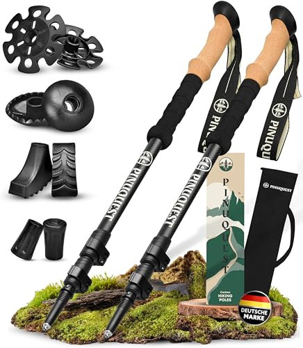 Pinuquest Wanderstöcke Teleskop Carbon (210g) Ultraleicht - Für 95-200 cm Körpergröße, Trekkingstöcke mit ergonomischem Griff & 4 Aufsätzen für jedes Gelände, Nordic Walking Stöcke Damen/Herren