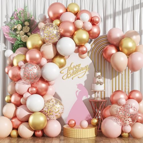 HILAVO Rose Gold Balloon Arch Kit Nude Light Pink Gold Confetti Party Balloon Garland Metallic Pink White Pastel Orange Balloons for Women Princess Baby Shower Bridal Wedding Brithday Party Decor