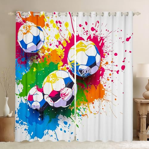 Homemissing Football Curtains (2 Panels,W52*L63) For Bedroom Kids Boys Teens Soccer Ball Game Window Curtains Multi-Colored Graffiti Blackout Curtains Rugby Sports Game Window Treatments