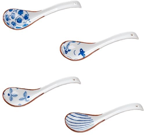4PCS Ceramic Soup Spoons, 6.3 Inch Chinese Porcelain Ramen Spoons for Pho Cereal Wonton Dumpling Miso, Set of 4