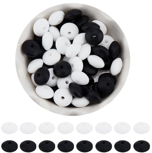 SUNNYCLUE 1 Box 140Pcs Silicone Abacus Beads Bulk 12mm Black Lentil Beads Large Soft Flat Round Lentils Shaped White Rubber Beads for Bracelets Beading Necklaces Keychains Pens Crafts Supplies Women