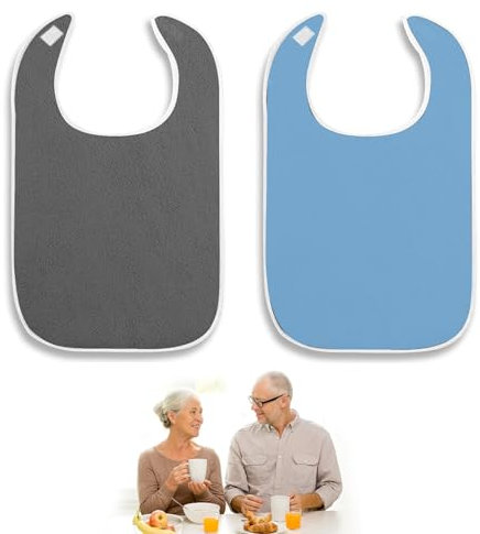 Landrain 2 Stück Mehrweg Wasserdichte Latz für Erwachsene Senioren Waschbar, Frottee Lätzchen für Erwachsenen Groß(Blau+Grau)