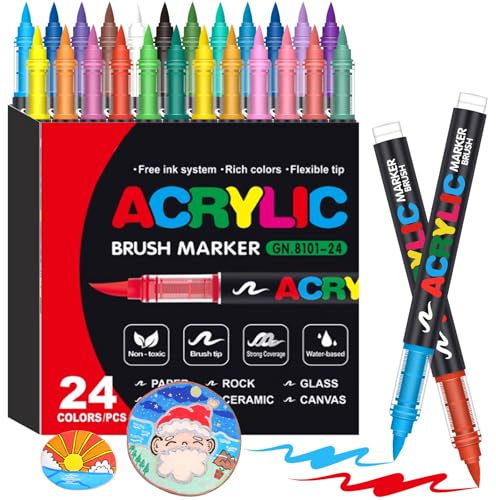 Laconile 24 Colores de Rotuladores Acrílicos para piedras Resistente al Agua, Acrylic Markers con Punta de Pincel, Paint Markers Ideales para Pintar Piedras, Porcelana, Vidrio, Lienzo, Cerámica