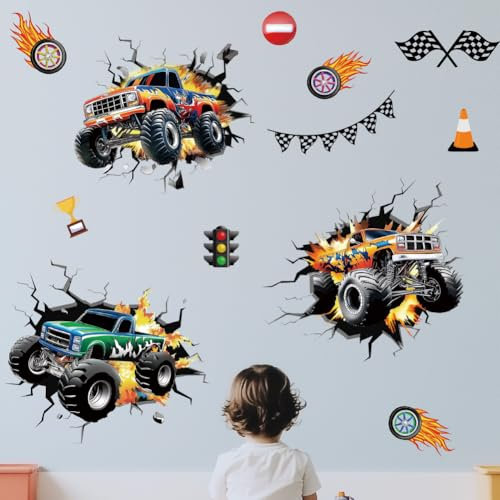 ANATTASOUL Monstertruck und Wände knacken Wandtattoo, Wandaufkleber Wandsticker Wanddeko Selbstklebend für Wohnzimmer, Schlafzimmer, Flur, Badezimmer, Küche, Wanddeko
