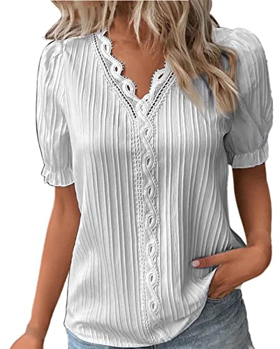Tshirt Damen V Ausschnitt Elegante Oberteile Spitzen Sommer Bluse Tops Für Frauen Kurzarm T-Shirts Lässige Basic Tops Casual Tunika Oberteil Sommertops