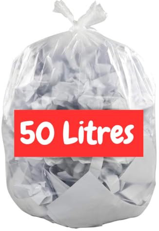 Sac Poubelle Transparent 50L X 50 | Sac Poubelle 50 Litres | Résistant (14 µ) et Etanche | Poubelles Bureaux - Salle de Bains – Cuisine | Fermeture Lien à Nouer | Recyclable