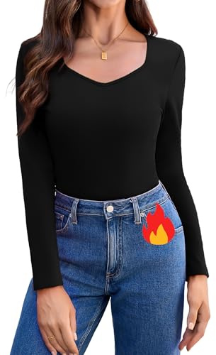Aottori Thermo Oberteile Damen V-Ausschnitt Fleece Slim Fit | Langarmshirt, Basic Tops, Thermoshirt Langarm, Warm, Bequem, Thermounterwäsche, Unterhemd, Elegant, Winter