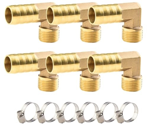 ANGEEK 6 Stück 3/8Außengewinde Winkel 90° Messing Schlauchanschluss, PT 3/8 Zoll x 14 mm Kupplung Anschluss Schlauchverbinder, Stecker Adapter Schlauchadapter mit 6 Stück Schlauchschelle