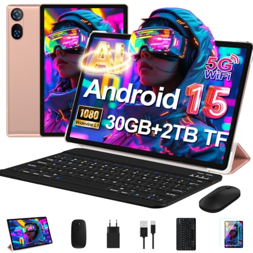 DMOAO Tablet 10 Zoll Android 15 mit Tastatur, Gemini AI, 30GB RAM + 64GB ROM (2TB Erweiterung), 5G WLAN, Widevine L1, Octa-Core, GPS, Face ID, FHD IPS, 6000mAh, USB, Gold