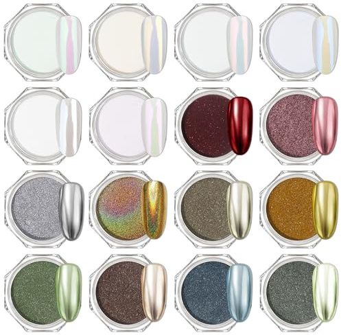 Artdone 16Jars Chrome Nail Powder Magic White Pearl Kit | Colored Mirror Effect Silver Gold Metallic Holographic Pigment For Resin Craft & Nail Art Accessories Decoration Supplies