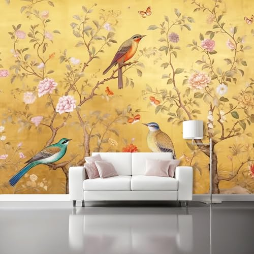 Fototapete Traditioneller Chinesischer Stil Pflanzen Vögel 3D Effekt Tapete Gelb Tapeten Vliestapete Modern Wandtapete für Wohnzimmer Schlafzimmer 150 x 105 cm (B x H), Einfach zu Montieren
