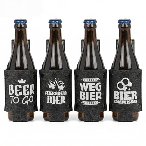 MIJOMA Bierholster 4er Set aus Filz – Bierhalter für Gürtel – tragbares Flaschenholster für unterwegs Arbeit Wandern – Bier to Go Feierabendbier Wegbier Bierkommissar