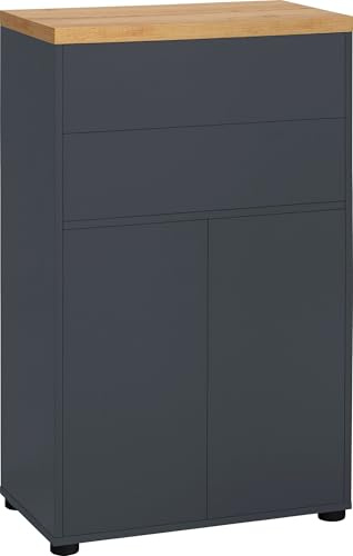 Thessa Schrank Spanplatte, Anthrazit/Eicheoptik, 60 x 35 x 102 cm, Aufbewahrungsschrank mit 2 Türen, 2 Schubladen und verstellbarem Einlegeboden für Wohnzimmer, Flur und Büro