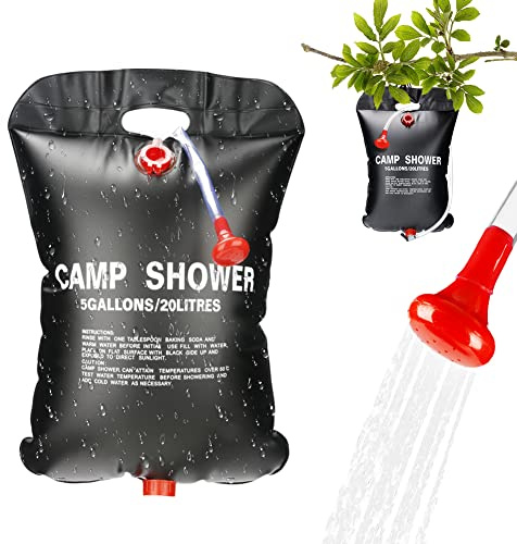 Gohytal Solar Shower Bag, 20L 5 Gallons Camping Solar Shower Bag, Black Heating Campingshowerbag Temperature Indicator Hot Water Hiking Climbing Outdoor Picnic Beach