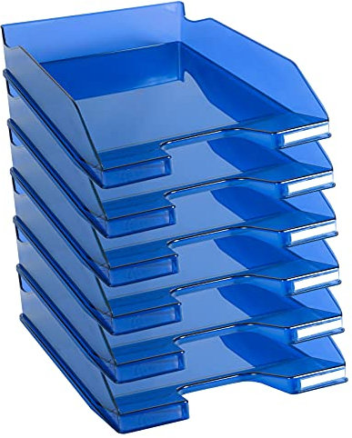 Exacompta - Ref. 113260D - set of 6 COMBO MIDI letter trays - dimensions 34.6 x 25.5x 6.5 cm - for documents in A4 + format - color royal blue transparent glossy