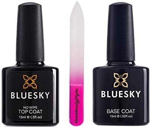 Bluesky No Wipe Top and Base Coat Nail Gel Polish 15ml Large PLUS Crystal Glass Nail File in a Protective Case
