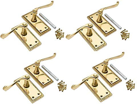 Golden Grace Georgian Lever Latch Door Handle in Premium Polished Brass Finish, 4 Pairs - 107mm x 48mm