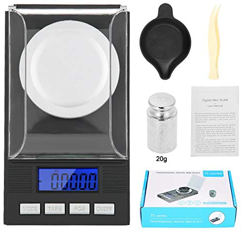 Juwelierwaage, Tragbare 0.001g Digitale Schmuckwaage Feinwaage Präzisonswaage Taschenwaage mit Kalibriergewichte und Pinzetten für Labor, Küche und Juweliergeschäft, 15,5 × 8 × 2 cm(20g)