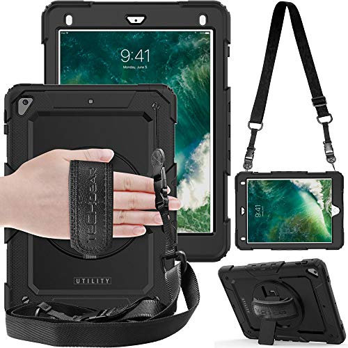TECHGEAR UTILITY Case fits Apple iPad Air 2, iPad 9.7 (6th/5th Generation, 2018/2017) Tough Rugged HEAVY DUTY Armour Shockproof Case 360 Degree Rotating Stand, Hand Strap and Shoulder Strap - Black