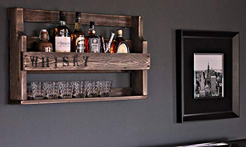 Mensola per whisky in legno - con portabicchieri e scritta WHISKY - marrone - stile industriale - pronto per il montaggio - bar a muro - mensola per whisky in legno