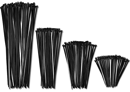 10, 15, 20, 30 cm Cable Zip Ties Black Heavy Duty (400 Pack, 100 Each Size) - 18kg Tensile Strength - Self-Locking Premium Nylon Cable Wire Ties for Indoor and Outdoor by Bolt Dropper