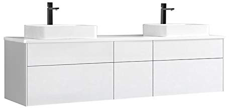 StoneArt Badmöbel Set Mineralguss Waschbecken Waschschale Aufsatzwaschbecken und Unterschrank Waschtisch Einzel- oder Doppelwaschbecken Venice VE-2000pro-5 weiß 200cm