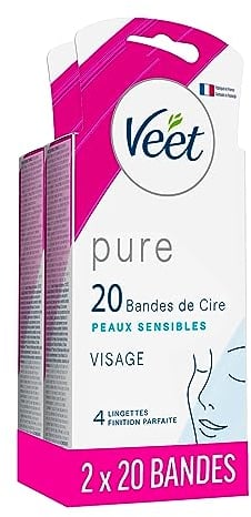 VEET Pure – 20 Kaltwachsstreifen für Gesicht – empfindliche Haut – empfohlen von Dermatologen – langanhaltende Haarentfernung (20 Streifen, 40)
