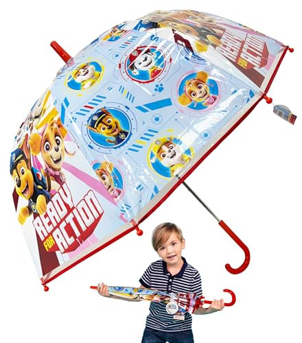 Kuppelschirm für Kinder, winddicht, Cartoon-Charakter, PVC-Regenschirm, leicht, lustige und sichere regnerische Abenteuer, ideal für Kinder, sonnige Tage, Reisen, Schule, Outdoor ab 3 Jahren, Paw