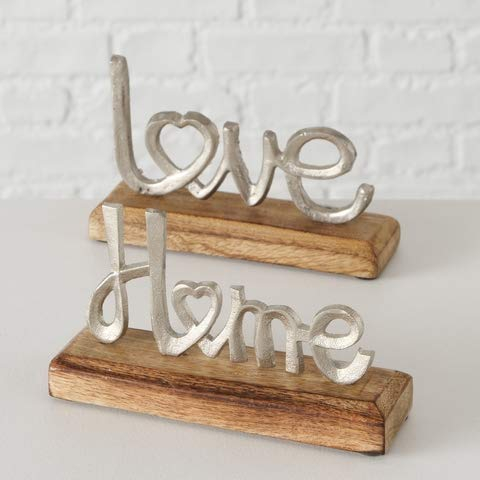 Dekoaufsteller Schriftzug Love Home H 11 cm Mangoholz Aluminium 2er Set