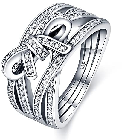 KUNSIR 925 Sterling Silber Liebesknoten Ring für Damen - Federring Schmuck Geschenk Mit Zirkonia - Gekreuzter Ring für Frauen
