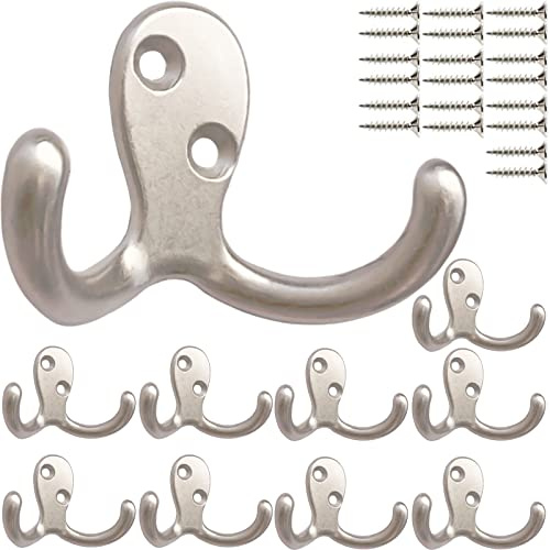 10 Pcs Coat Hooks Hardware Wall Hooks Heavy Duty Hooks for Hanging Coats Double No Rust Hooks Wall Mounted for Key, Towel, Bags, Cup, Hat (Silvery)