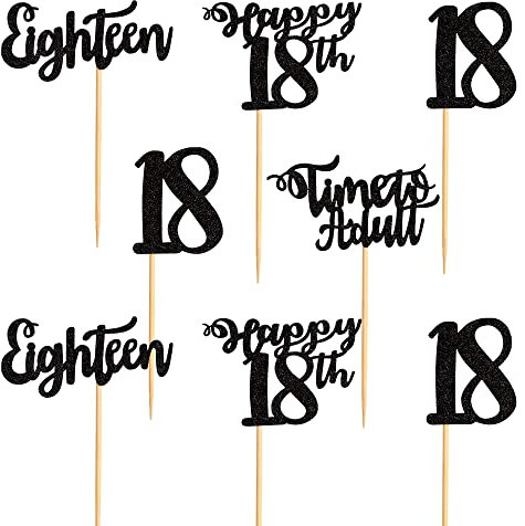 Blumomon Black Glitter 18th Birthday Cupcake Toppers Happy Birthday Time to Adult Cupcake Toppers Happy 18th Cake Decorations for 18th Birthday Sweet 18 Theme Party Supplies