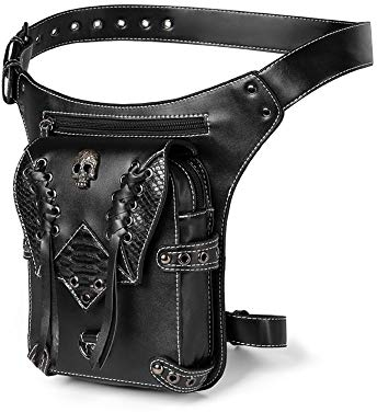 Gothic-Gürteltasche, Leder, Steampunk-Tasche, Geldbörse, Kette, Beintasche, Crossbody, Schultertasche, Kuriertasche, Hüfttasche, Schwarz 038, Large