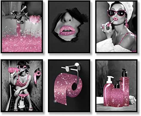 Luodroduo Lot de 6 impressions sur toile de soie glamour tendance pour salle de bain (rose, noir et blanc, 20,3 x 25,4 cm, sans cadre)