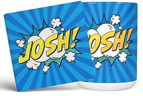 Mug Monster - Personalised Name Mug, Comic Super Hero Customised Gift with Text - Ceramic Coffee Cup, Gift for Men or Women, Extra Large and Giant Available, 15oz White & Coaster, Blue