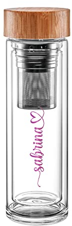 4you DESIGN Thermos-Glasflasche mit Namen bedruckt Design Happy | Doppelwandiges Glas | Geniales Geschenk mit herausnehmbares zweiteiliges Edelstahl Teesieb | Lila 450ml Höhe 24cm