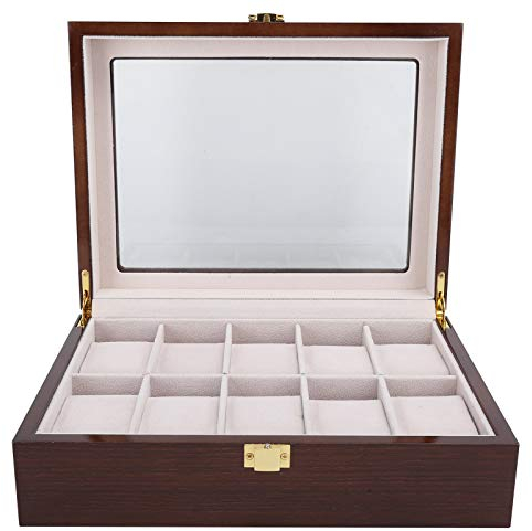 Cyrank Holz-Uhrenbox, 10 Fächer, Braun, Elegant, Uhrenbox-Organizer für Herren mit durchsichtigem Deckel