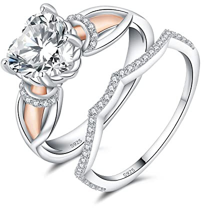 JewelryPalace 2.2ct Classic Infini Amour Croix Solitaire Bague Taille Cœur Cubic Zirconia Pierre Argent 925 Femme, Or Rose 14k Bague Fiançailles Mariage Promise Alliance, Ensemble Bijoux Mariee54