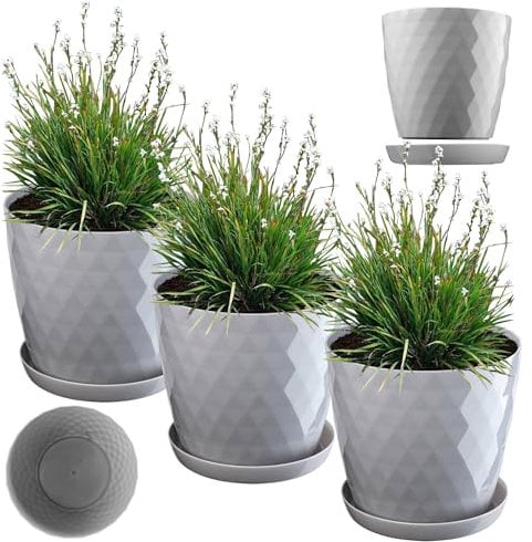 KADAX Vaso per fiori, in plastica con sottovaso, in materiale leggero, vaso decorativo per erbe aromatiche, vaso per fiori, piante, cactus e piante grasse (set da 3 – 25 cm, grigio)