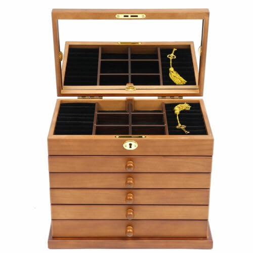 vinnyooc 6 Schichten Schmuckkasten, Schmuckaufbewahrung Schachtel, Holz Schmuckkasten mit Spiegel, Tastensperre Schmuckkoffer, Abschließbar Aufbewahrungsbox für Anhängern Armbändern Halsketten Ringen