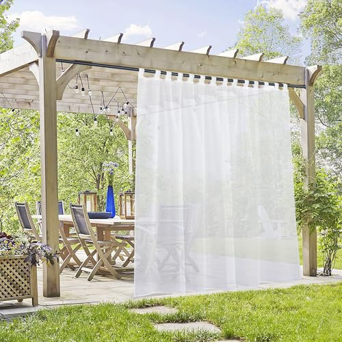 PONY DANCE Outdoor Gardinen Weiss Transparent Terrasse Vorhänge mit Abnehmbaren Schlaufen Outdoorvorhang Wasserabweisend Balkon Vorhang Leinenoptik 1 Stück H 243 x B 254 cm, Weiß