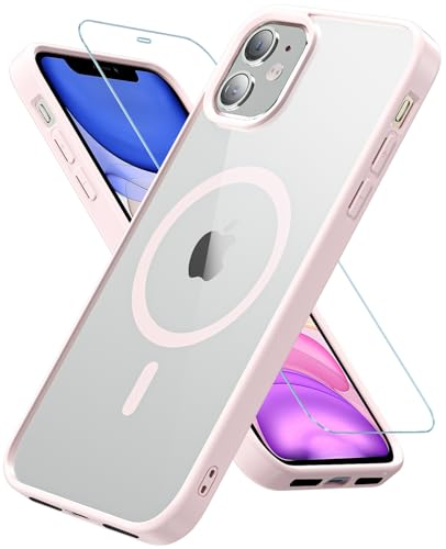 Kuaguozhe für iPhone 11 Hülle, Magnetisch Handyhülle iPhone 11 mit Panzer Schutz Glas, Kompatibel mit MagSafe, Rundumschutz Stoßfest Transparent Rückseite Schutzhülle für iPhone 11 6,1 Zoll (Rosa)