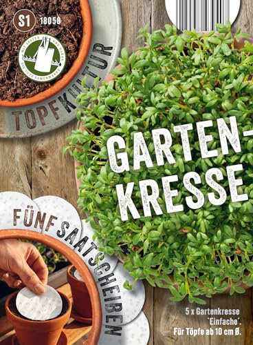 Saatscheiben Einfache Gartenkresse, 5 Stk, 8 cm Durchmesser, 10g, Anzucht Samen-Set auf der Fensterbank oder dem Balkon, oder Hochbeet, ganzjährig