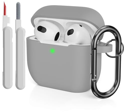 KOKOKA Silikonhülle Kompatibel mit AirPods 3 Hülle mit Reinigungsset und Schutzhülle für AirPods 3rd Generation Case, Stoßfeste Weiche Dünne Case für Airpods 3 Mit Karabiner, Grau