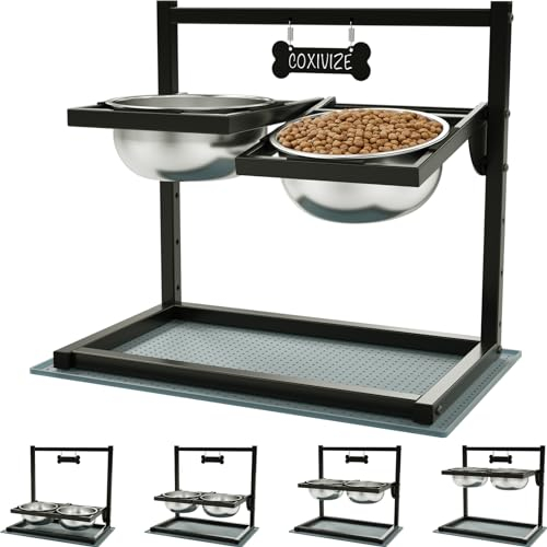 Erhöhte Hundenäpfe mit 4 Höhenverstellbaren und 10° Neigung, Erhöhter Hundenapfständer, Perfekte Stabile Ständer für Hundenapf, 2 Edelstahl-Hundefutternäpfen (1,5 L x 2) und Auslaufsicherer Matte