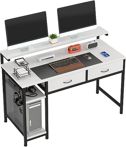 CAIYUN 120cm White Computer Desk With Drawers, Shelves, Adjustable Monitor Stand, Storage, Study Table, PC Desk, Wooden Home Office Work Desk